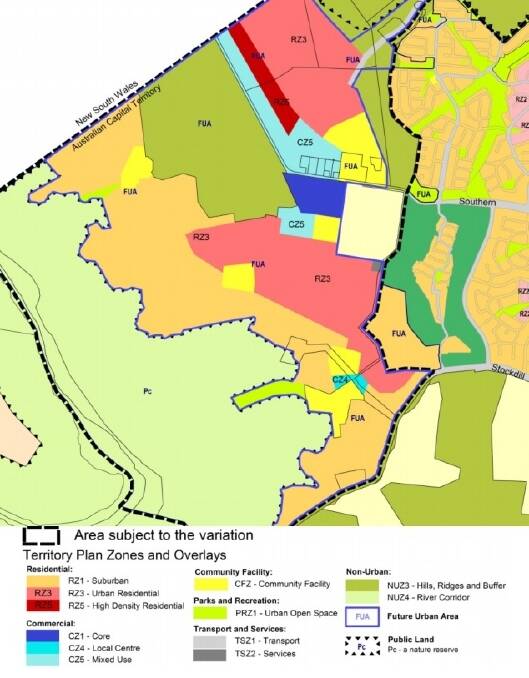 The West Belconnen development area, earmarked for 6500 homes. Parkwood is in the top right of the development area, near the border with NSW and in part of the zone coloured pink. Photo: Supplied