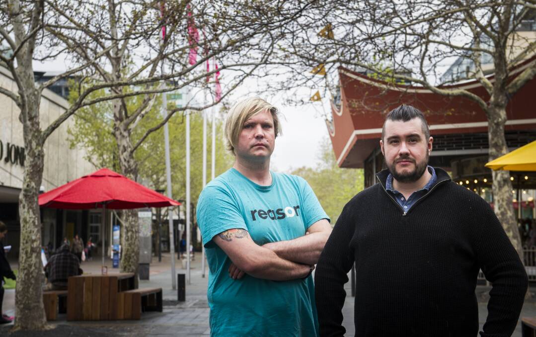 Dean Barnes of Reason ACT and Max Black of the Smashed Avocado Movement are holding a rally in Garema Place on Saturday to call for pill testing at Spilt Milk.  Photo: Elesa Kurtz