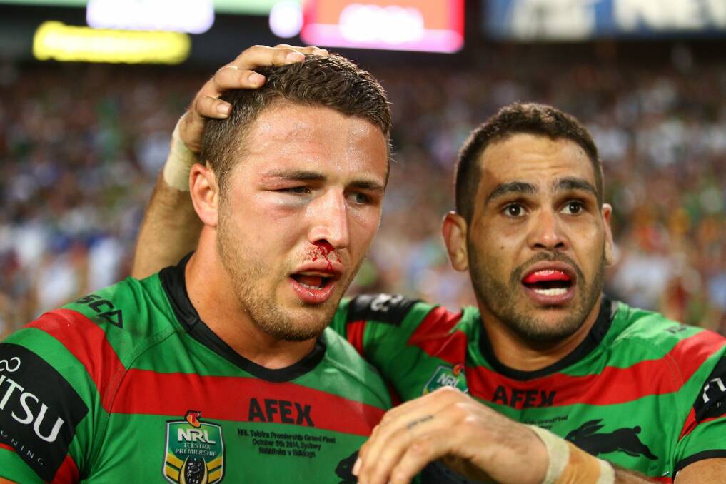 Sam Burgess and Greg Inglis during their 2014 NRL grand final win. Photo: Getty Images