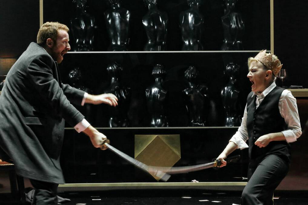 Richard (Kate Mulvany) and Richmond (Kevin MacIsaac) face off in the final battle in <i>Richard 3</i>. Photo: Prudence Upton