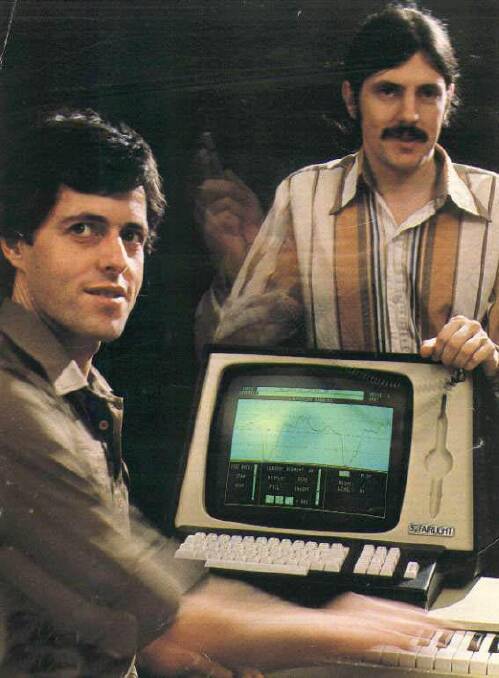 Kim Ryrie and Peter Vogel  and their landmark 1979 invention, the Fairlight CMI (or Computer Musical Instrument).  Photo: National Film and Sound Archive
