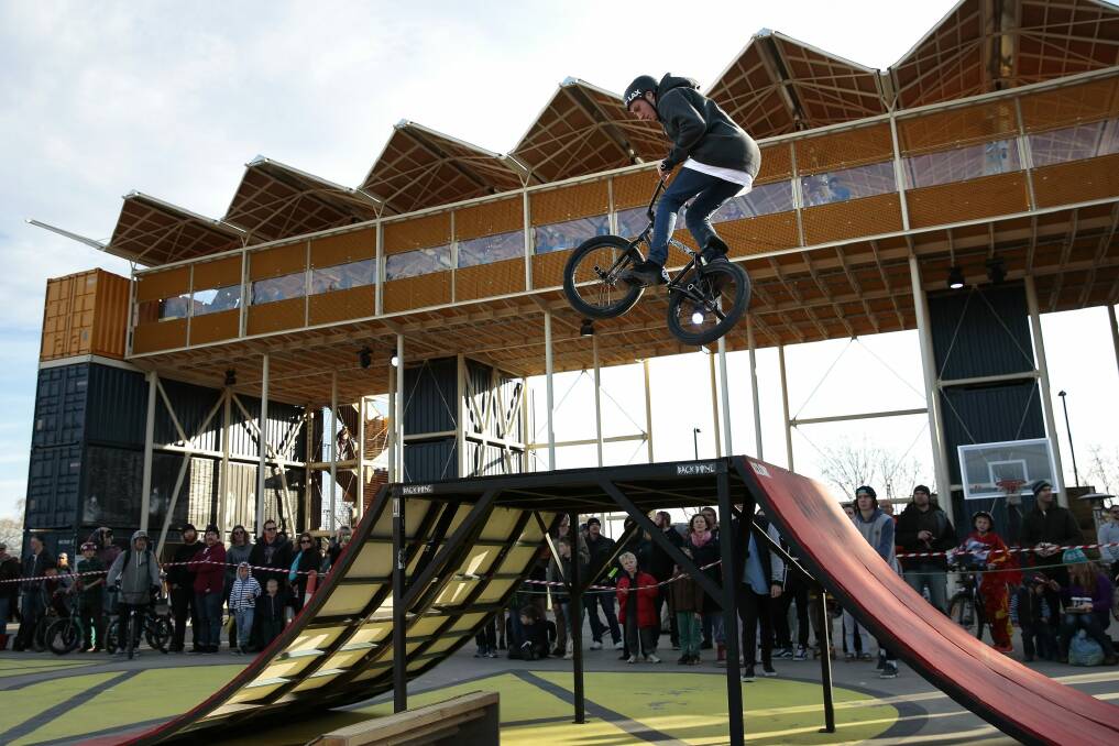 The ACT Jam BMX event at Westside Acton Park. Riders get some air. Photo: Jeffrey Chan