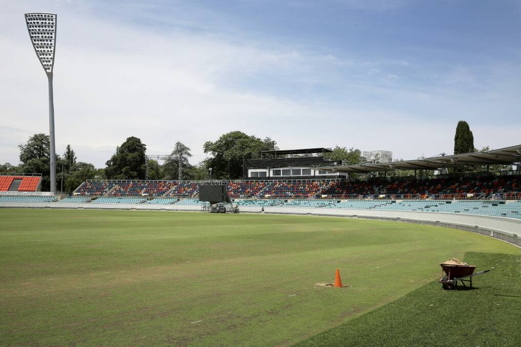 Grass in the outfield a little patchy at Manuka Oval ahead of the One Day International between Australia and South Africa.  Photo: Jeffrey Chan