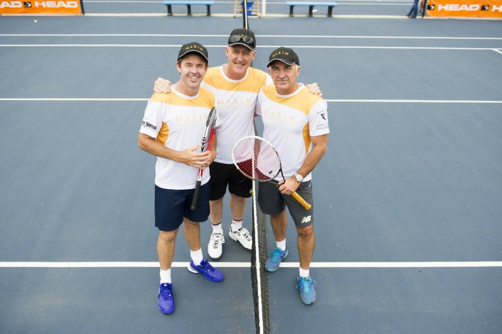 Todd Woodbridge, John Fitzgerald and Wally Masur take part in the Maxim Invitational at the North Woden Tennis Club on Thursday. Photo: Jay Cronan