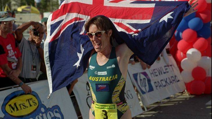 Australia's Jackie Fairweather (nee Gallagher) celebrates her victory in the Triathlon World Championship in 1996. Photo: AP