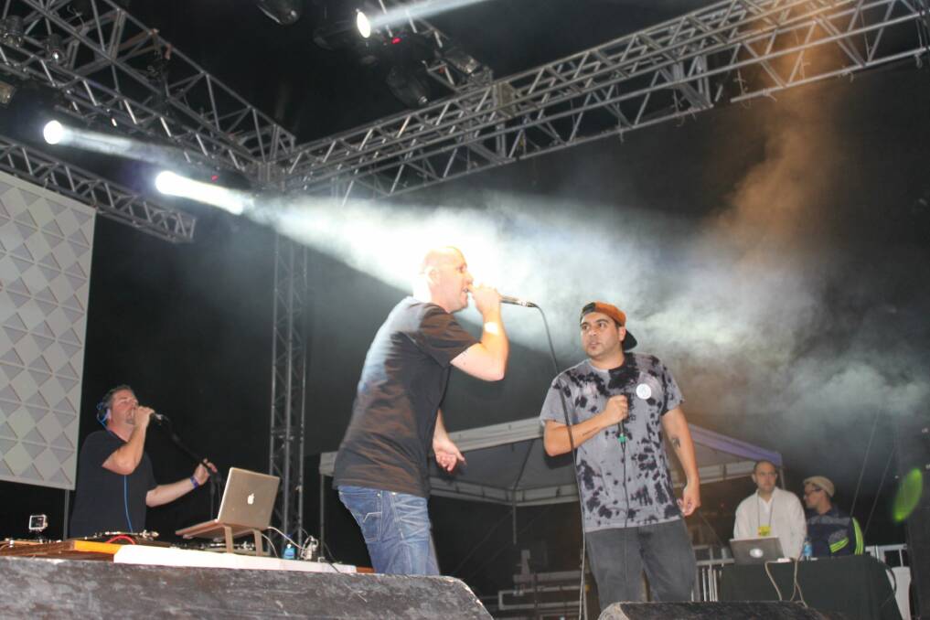 Roshambo and D'Opus (Rowan Thomson and Ross Garrett) in full flight, performing live with fellow rappers and musicians. Photo: Supplied