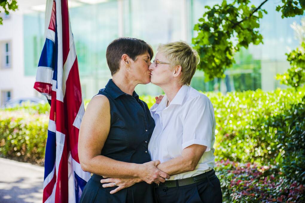 Jenny Seymour, left, and her wife Jeannette Walsh married at the British High Commission on September 26, 2014.  Photo: Jamila Toderas