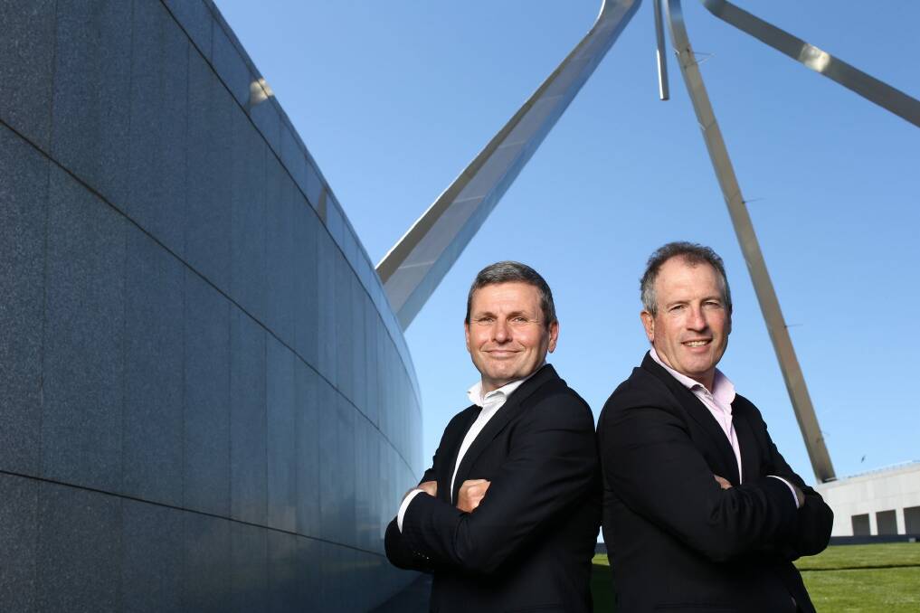 Chris Uhlmann L and Steve Lewis R at Parliament House in Canberra on Thursday 5 May 2016. Photo: Andrew Meares for Good Weekend Photo: Andrew Meares