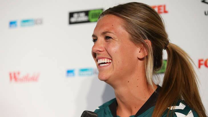 Stephanie Ochs of Canberra speaks during the W-League season launch on Monday. Photo: Getty Images