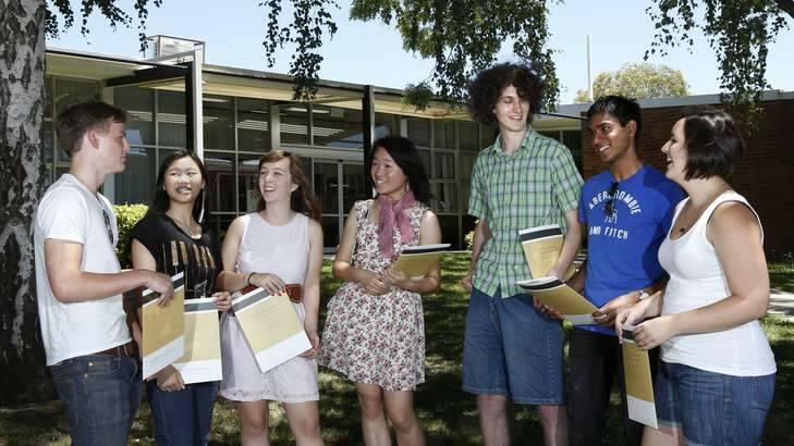 Narrabundah College Year 12 students (from left) Max Milosevic, Louise Wei, Marissa Lightfoot, Vivian Chan, Benedikt Matthews, Leon Rebello and Jane Weber having a chat outside the school after receiving their results for the International Baccalaureate. Photo: Jeffrey Chan