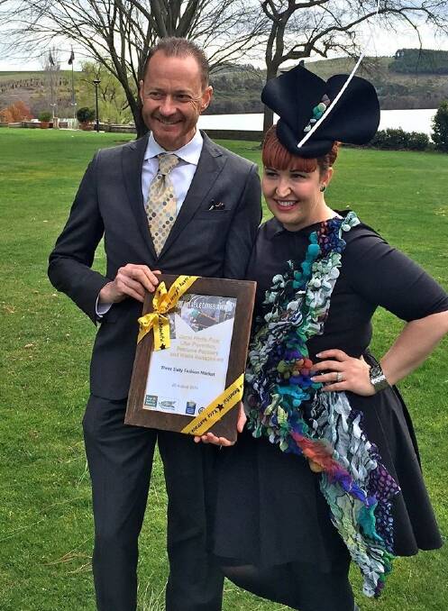 Nathan Harris and Mel O'Brien, founders of the Three Sixty Fashion Markets, with their Keep Australia Beautiful award at Government House. Photo: Patrick O'Brien