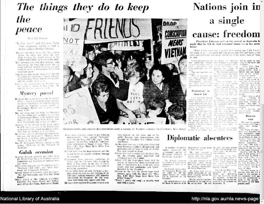The Canberra Times article from October, 1966 about "the girl with Make Love Not War written across her chest''. Photo: Trove, the National Library of Australia