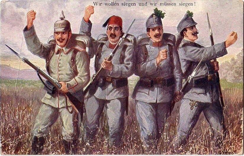 Wobbly war moves: A postcard from World War I shows Turks among the Germans. 