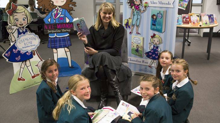 Author Jacqueline Harvey with  Canberra Girls Grammar Junior School students, from left, Lucy Galland, 9, Annika Wilson, 9, Sienna Page, 8, Jessica Latham, 8, and Gabrielle Smith, 8. Photo: Jamila Toderas
