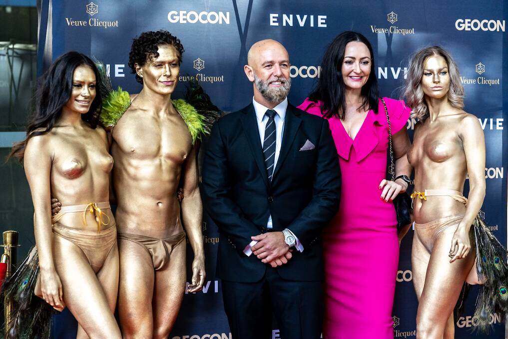 Geocon managing director Nick Georgalis and marketing director Melanie Hindson on the red carpet at the Envie launch. Photo: Supplied