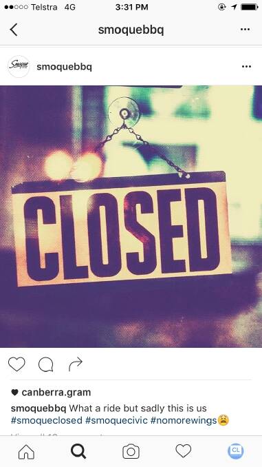 An Instagram message announcing the closure of Smoque restaurant in Canberra. Photo: Supplied