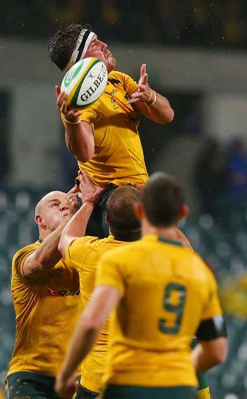 Kane Douglas of the Wallabies goes up during a lineout against Argentina at Patersons Stadium in Perth on Saturday. Photo: Getty Images