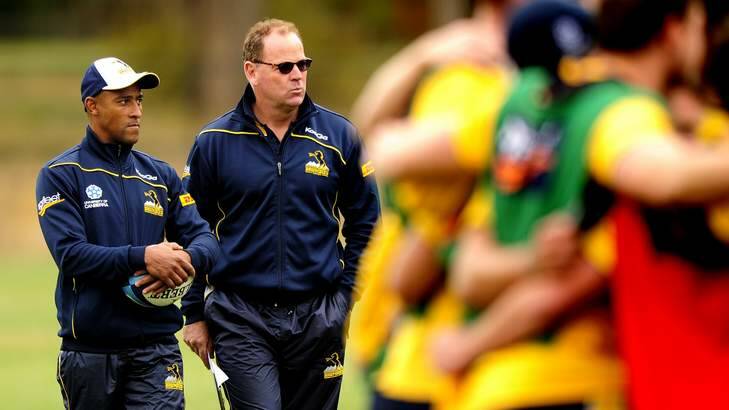 Brumbies head coach Jake White, right, with George Gregan, will be announced as an adjunct professor at the University of Canberra on Thursday. Photo: Stuart Walmsley
