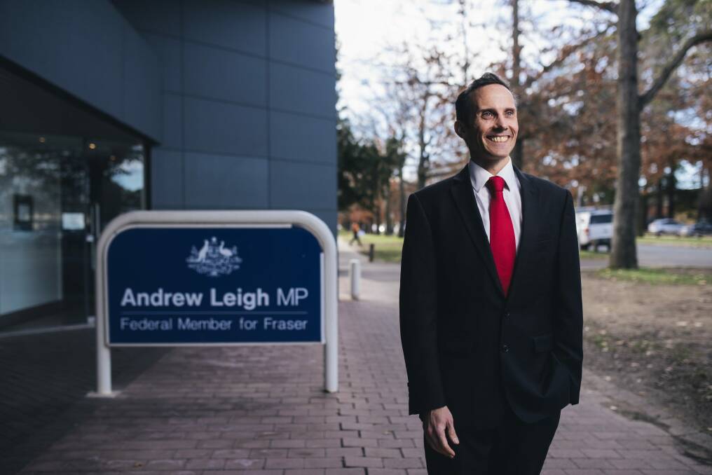 Andrew Leigh outside his Braddon office, which he will be forced to vacate within months as it now sits 600 metres south of his re-drawn Fenner electorate. Photo: Rohan Thomson