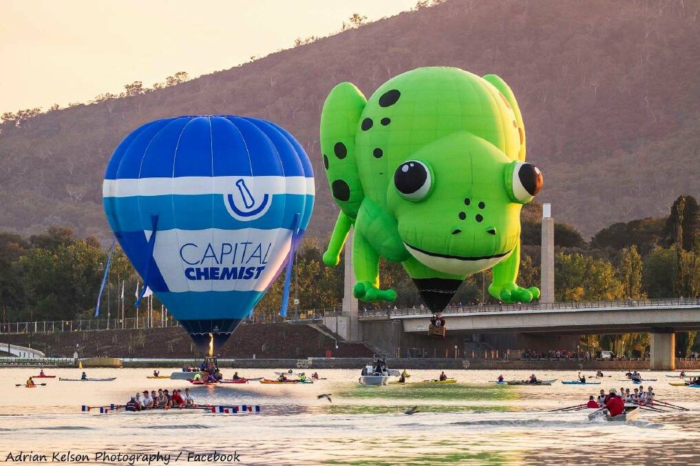 Local photographer Adrian Kelson took this great shot of Kerbi the frog and the Capital Chemist balloon close to the lake during this year's Balloon Spectacular. Photo: Adrian Kelson