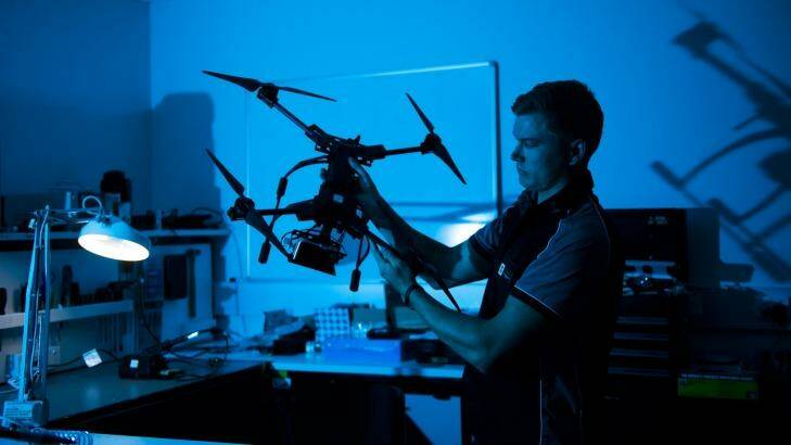 XTEK technician, Mark Allen, in the workshop with the 'XT680', an unmanned aerial vehicle, which is used for mapping and 3D modelling.  Photo:  Rohan Thomson