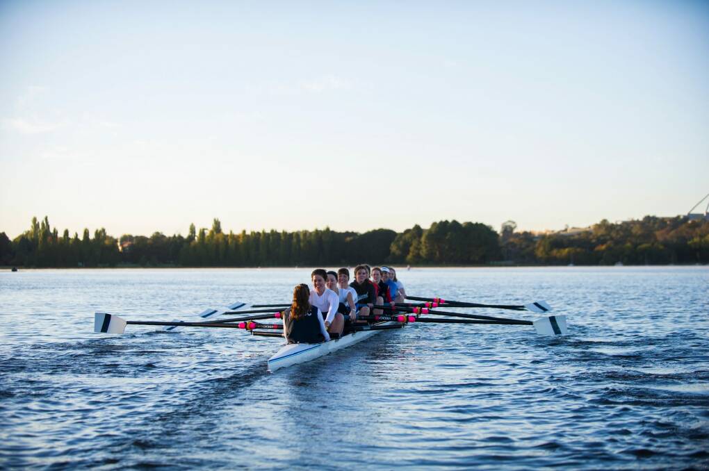 Rowers enjoying their sport on the waters of Lake Burley Griffin. Photo: Rohan Thomson
