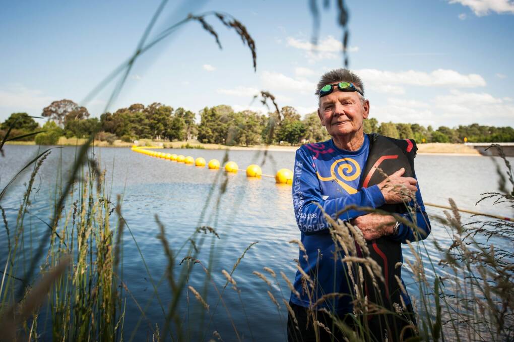 Geoff Llewellyn will swim in the Sri Chinmoy National Capital Swim in Lake Burley Griffin on Sunday. At 83, he is the oldest person to do it.   Photo: Elesa Kurtz