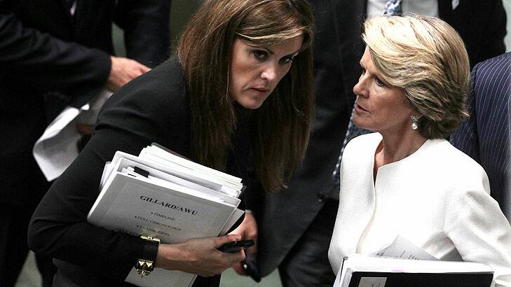 'Gillard' file ... Opposition Leader Tony Abbott's chief of staff Peta Credlin, left, speaks with Deputy Opposition Leader Julie Bishop at the end question time on Monday. Photo: Alex Ellinghausen