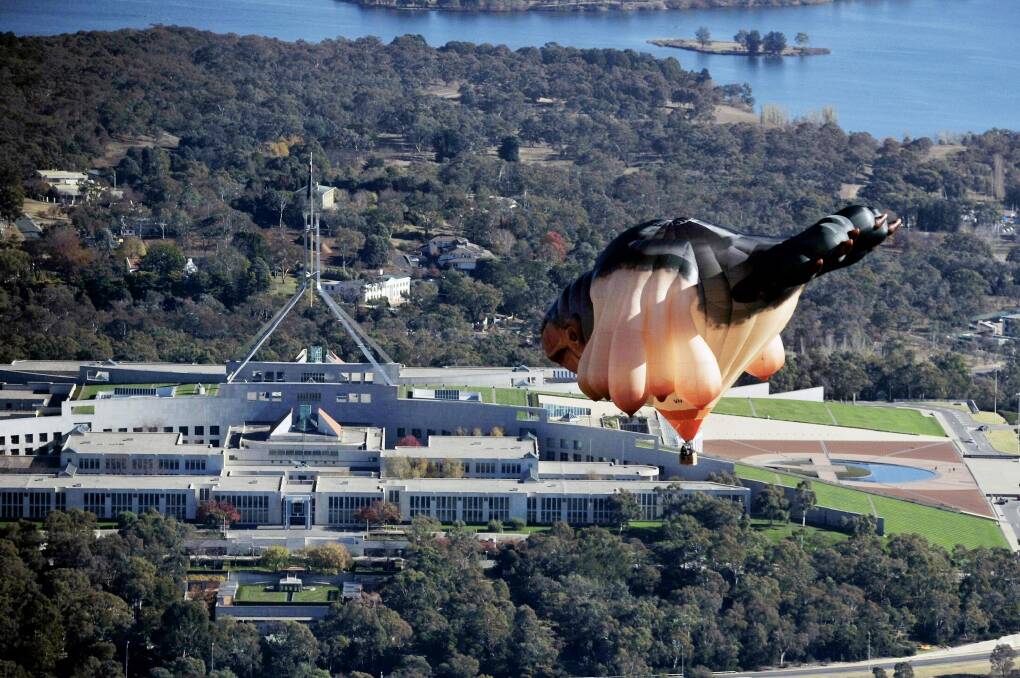 The Skywhale flying over Canberra during the centenary. It has since floated on to favourable skies in Brazil and Ireland.