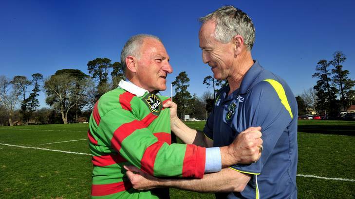 Rabbitohs supporter, Bishop Pat Power and Raiders supporter Monsignor John Woods will clash this weekend with the Raiders taking on the Rabbitohs. Photo: Melissa Adams