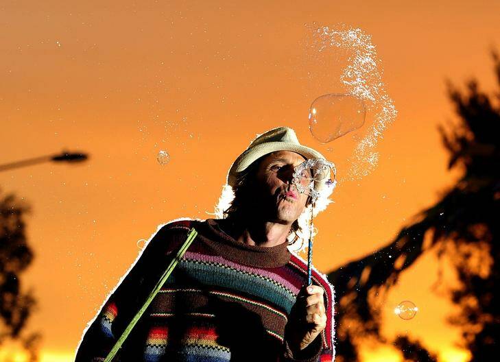 JK Hopper, who refers to himself as a ''swagman of the bubble persuasion'', at the National Folk Festival at Exhibition Park in Canberra. Photo: Stuart Walmsley