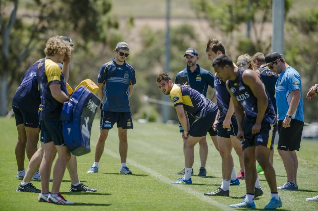 Brumbies players got a rude welcome to pre-season training and they were pushed to the limit in 36-degree heat on Friday. Photo: Jamila Toderas