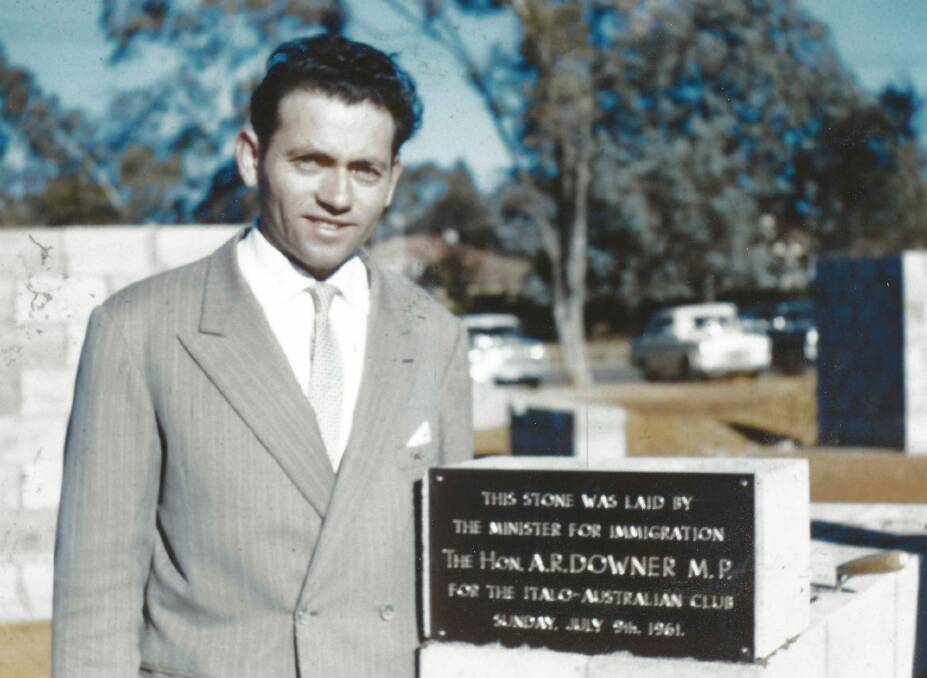 The then Italo Australian Club president Pasquale (Pat) Damiano with a stone marking construction of the club building from 1961.  Photo: Photo supplied