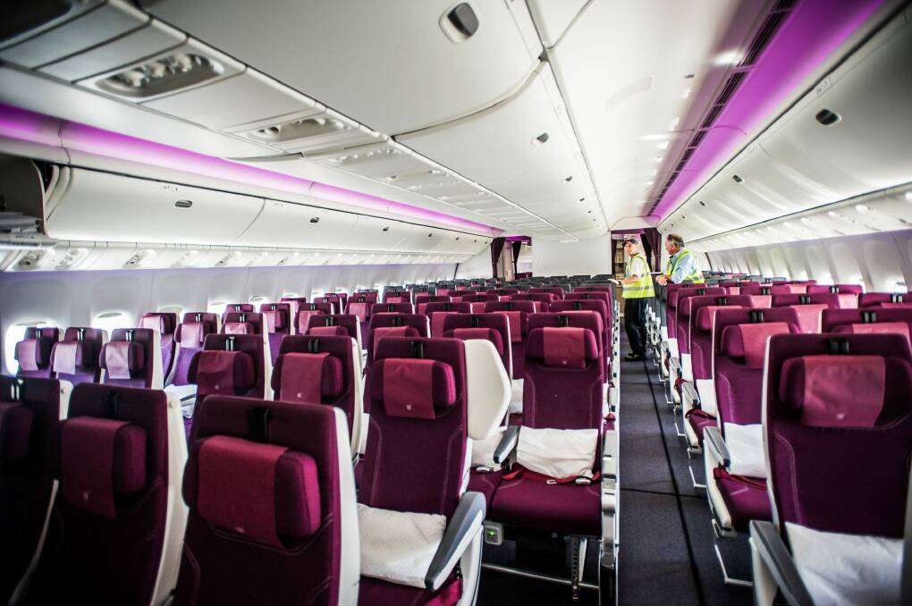 Inside Qatar's Boeing B777 aircraft at Monday's launch of the new Canberra to Doha route via Sydney. Photo: karleen minney