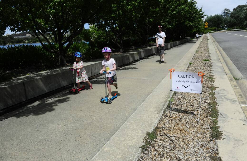 Zoe Burrowes, sister Ella and their dad Ian, of Melbourne, scoot past a snake warning sign. Photo: Melissa Adams