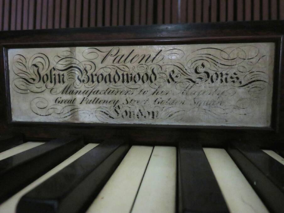 Broadwood label on the front of the Lanyon Homestead's piano, which, with the serial number suggests a date around the mid 1840s for manufacture. Photo: Supplied