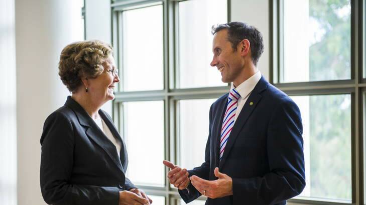 Andrew Leigh talks to Jan McLucas at Parliament House as she hands over the duties of Parliamentary Secretary to the Prime Minister. Photo: Rohan Thomson