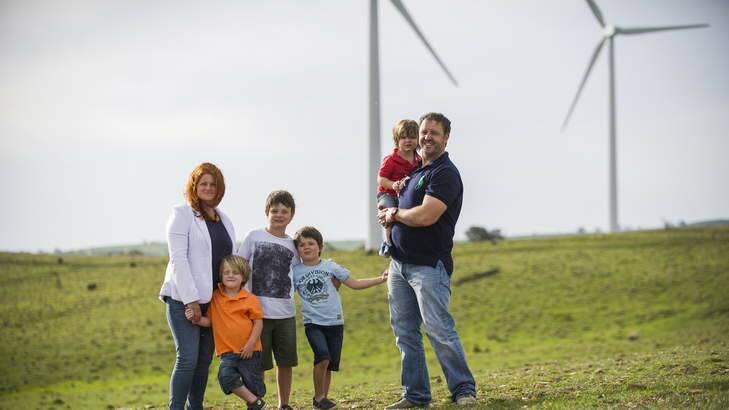 The Young family of Goulburn, Graham, Terrie, Gus (8), Austin (5), Marlowe (4), Sonny (2) at the Gunning Wind Farm. Photo: Rohan Thomson