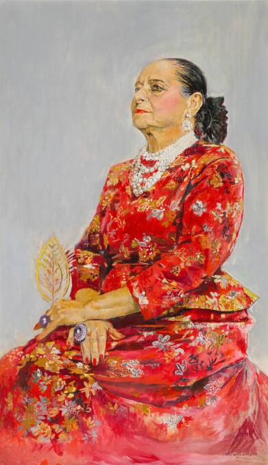 Detail from Graham Sutherland's 1957 portrait of Helena Rubinstein in a red brocade Balenciaga gown. Photo: PhotoStudio