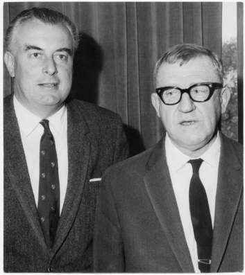 Sent outside ... Gough Whitlam and Arthur Calwell waited outside the Kingston Hotel while party powerbrokers decided policy.