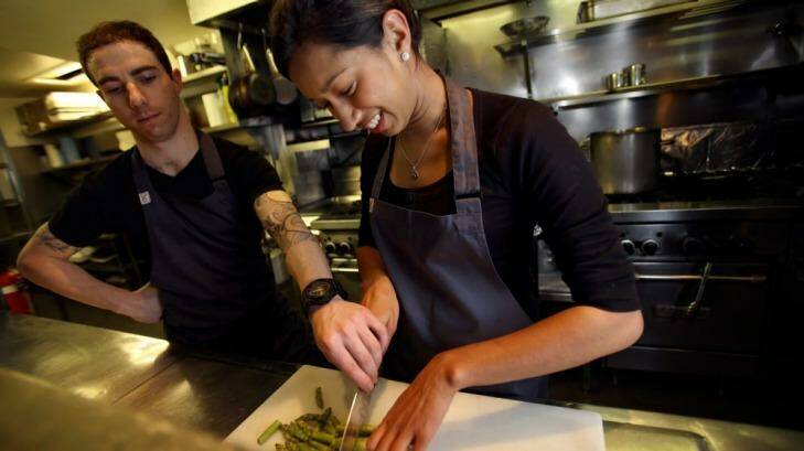 Master Chef contestant Tash Shan does work experience at Ezard restaurant in Melbourne. Photo: Angela Wylie