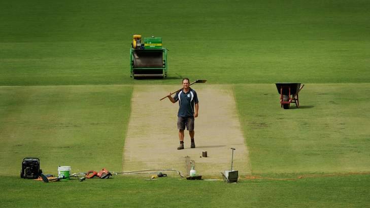 Manuka Oval curator Brad VanDam is confident of producing another high scoring wicket for Wednesday's ODI between Australia and the West Indies at Manuka Oval,  Canberra. Photo: Colleen Petch