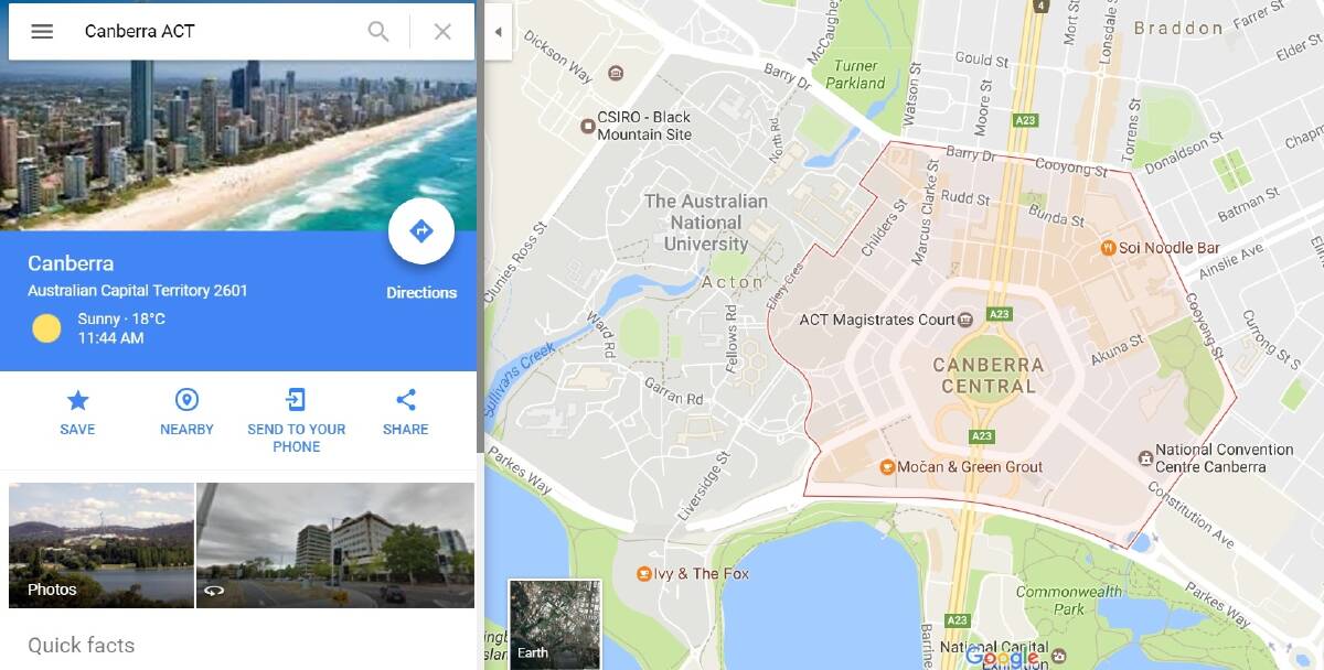 Those who typed 'Canberra' into Google Maps were met with an image of Surfers Paradise instead. Photo: Screenshot