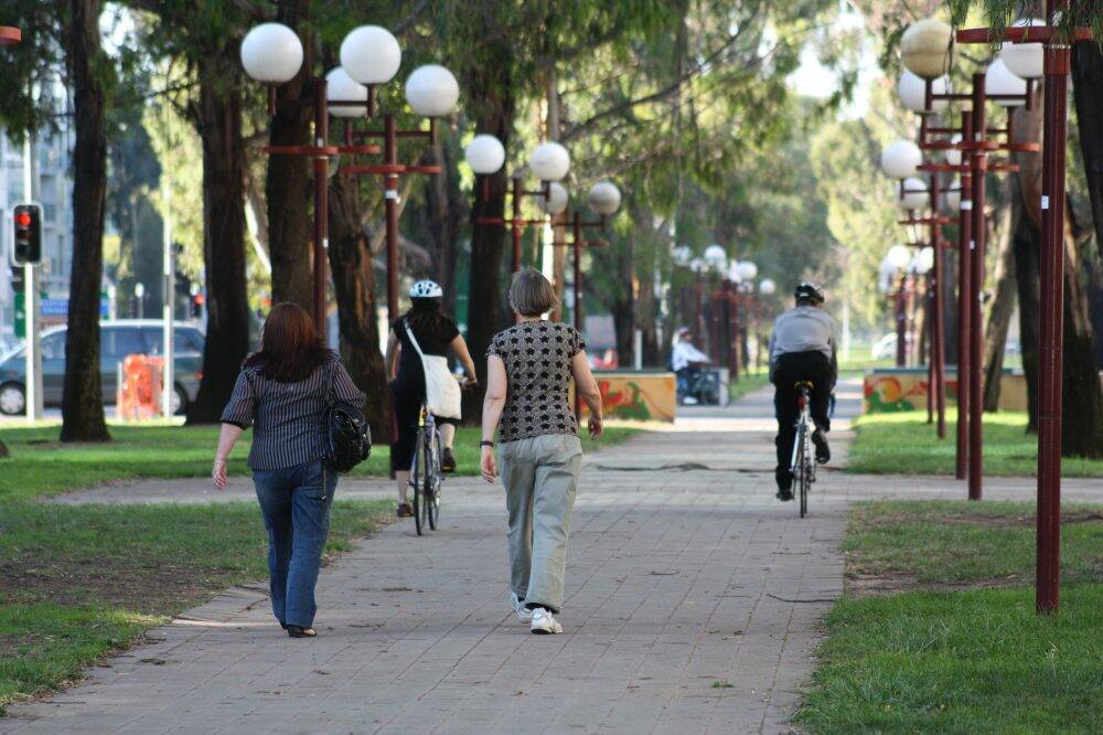 Cyclists and pedestrians on the median strip of Northbourne Avenue in 
Civic.