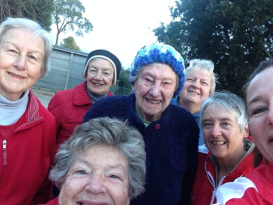 The Groovy Grannies have been a registered Heart Foundation walking group for nine years. (From left) Marjorie,  Frances (bottom), Colleen (black hat), Ella  (blue hat), Toula (grey hair directly to right of blue hat) and Edna. Photo: Supplied