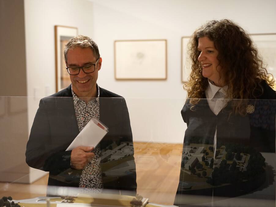 Director of Canberra Museum and Gallery (left) Shane Breynard and director of the Parliament House art collection Justine Van Mourik at a new exhibition of works from Parliament House.  Photo: CMAG