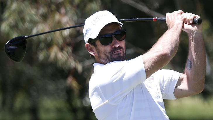 Andrew Johns teeing off at  the Terry Campese Foundation Golf Day at Federal. Photo: Jeffrey Chan