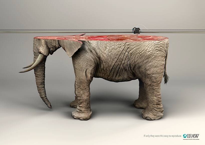 A 3D printer makes the planet a replacement elephant in an advertisement for a new wildlife protection campaign.  Photo: Young & Rubicam