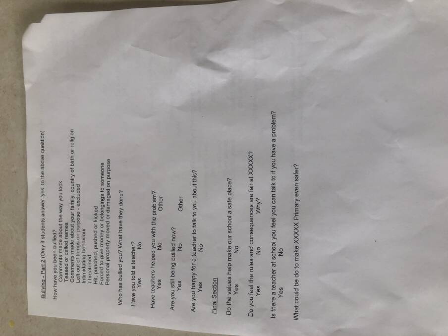 A survey handed out to students at Theodore Primary asked them to record the names of bullies. Photo: Supplied
