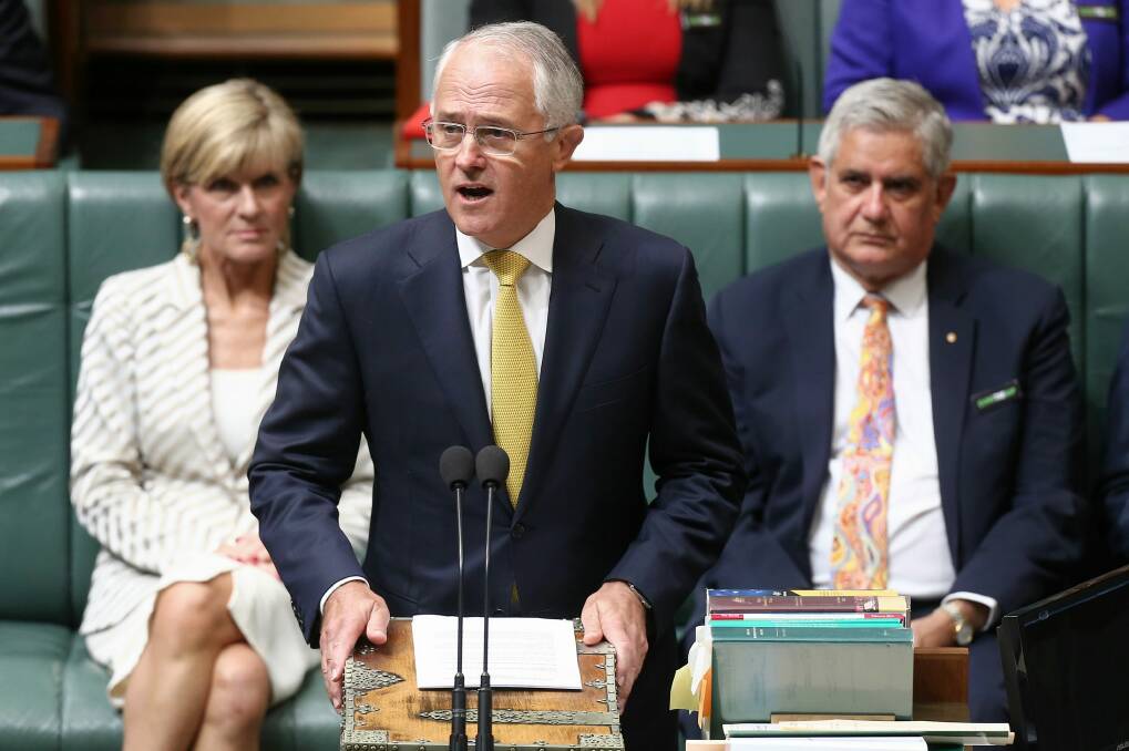 Malcolm Turnbull, with Foreign Minister Julie Bishop and Assistant Health Minister Ken Wyatt. Photo: Alex Ellinghausen